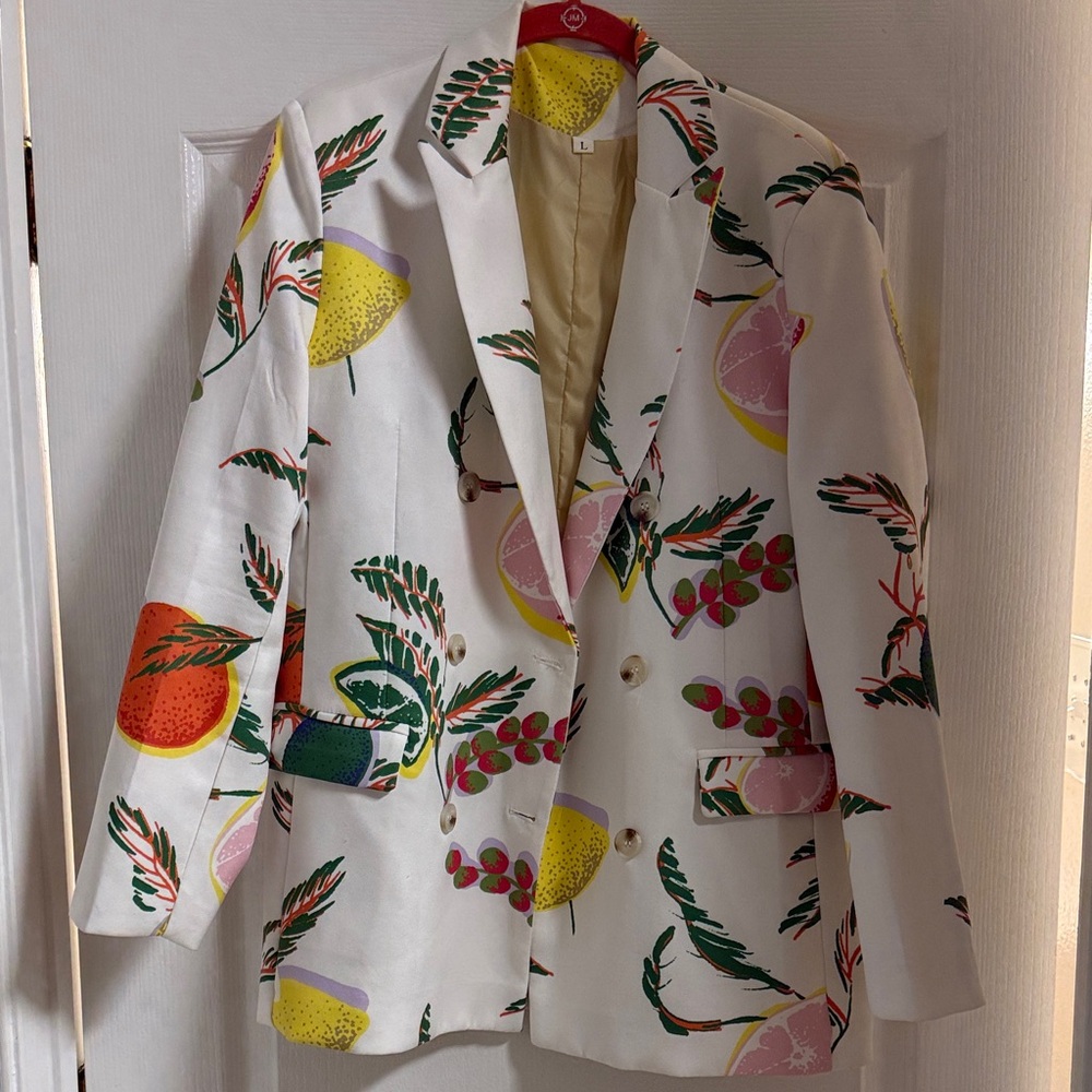 White Fruit Print Double-Breasted Blazer